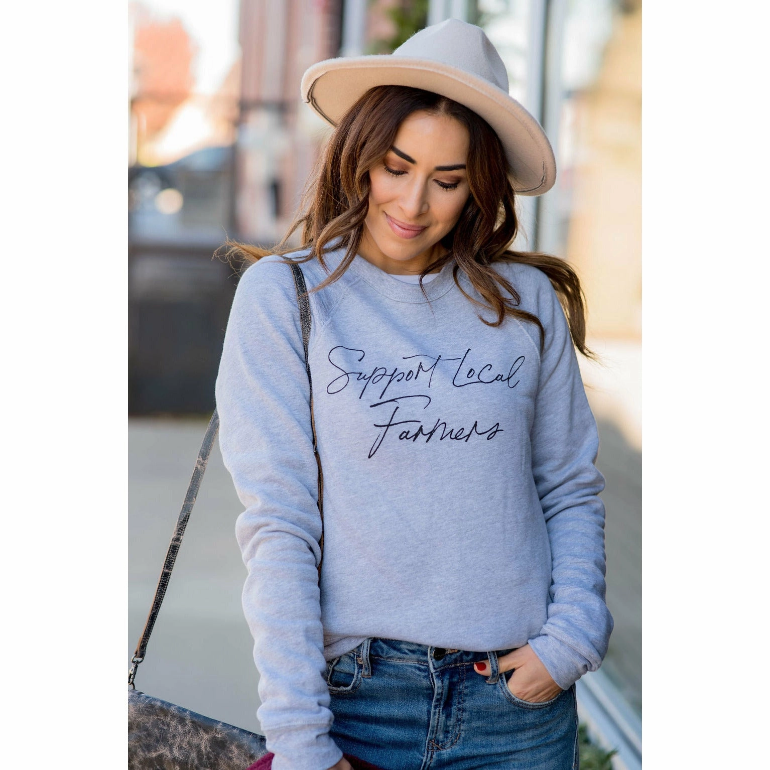 product safety material trend Support Local Farmers Cursive Crew Neck