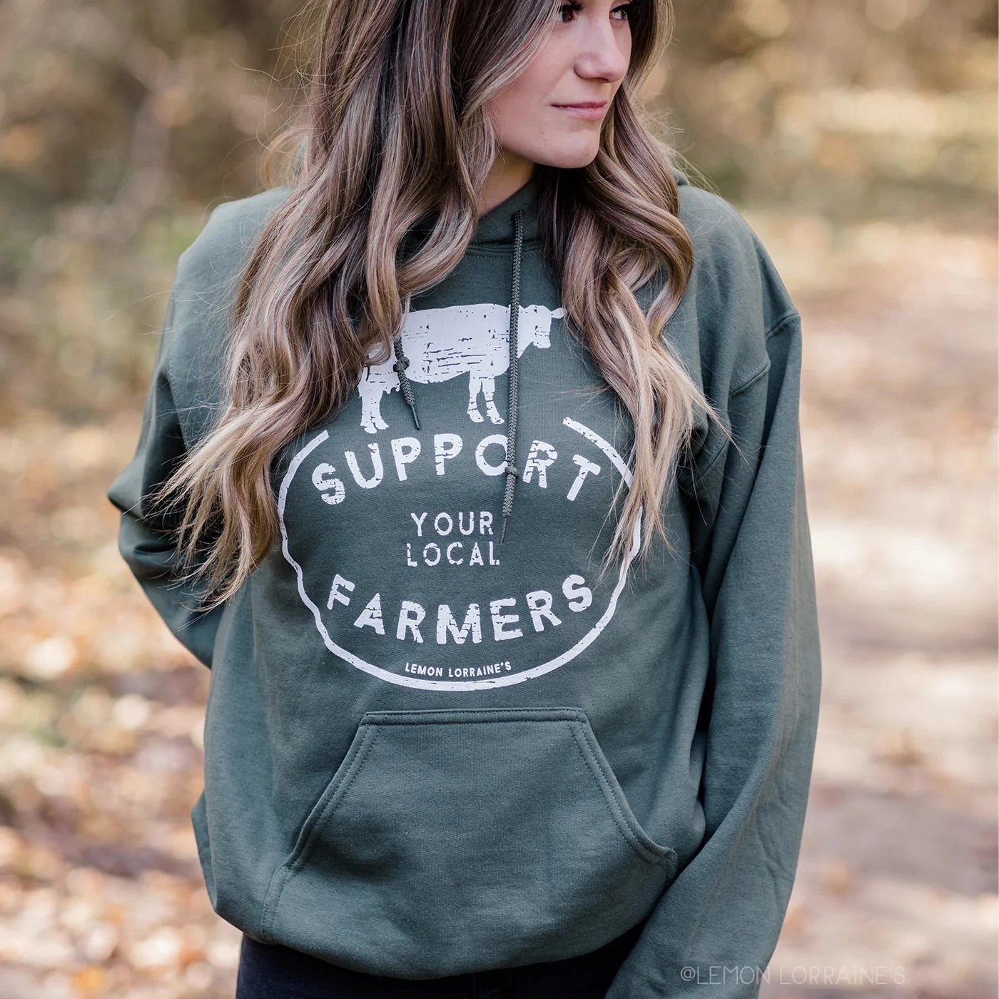 Contrast Inner Layer Peacock like Support Local Farmers Hooded Military Green Sweatshirt