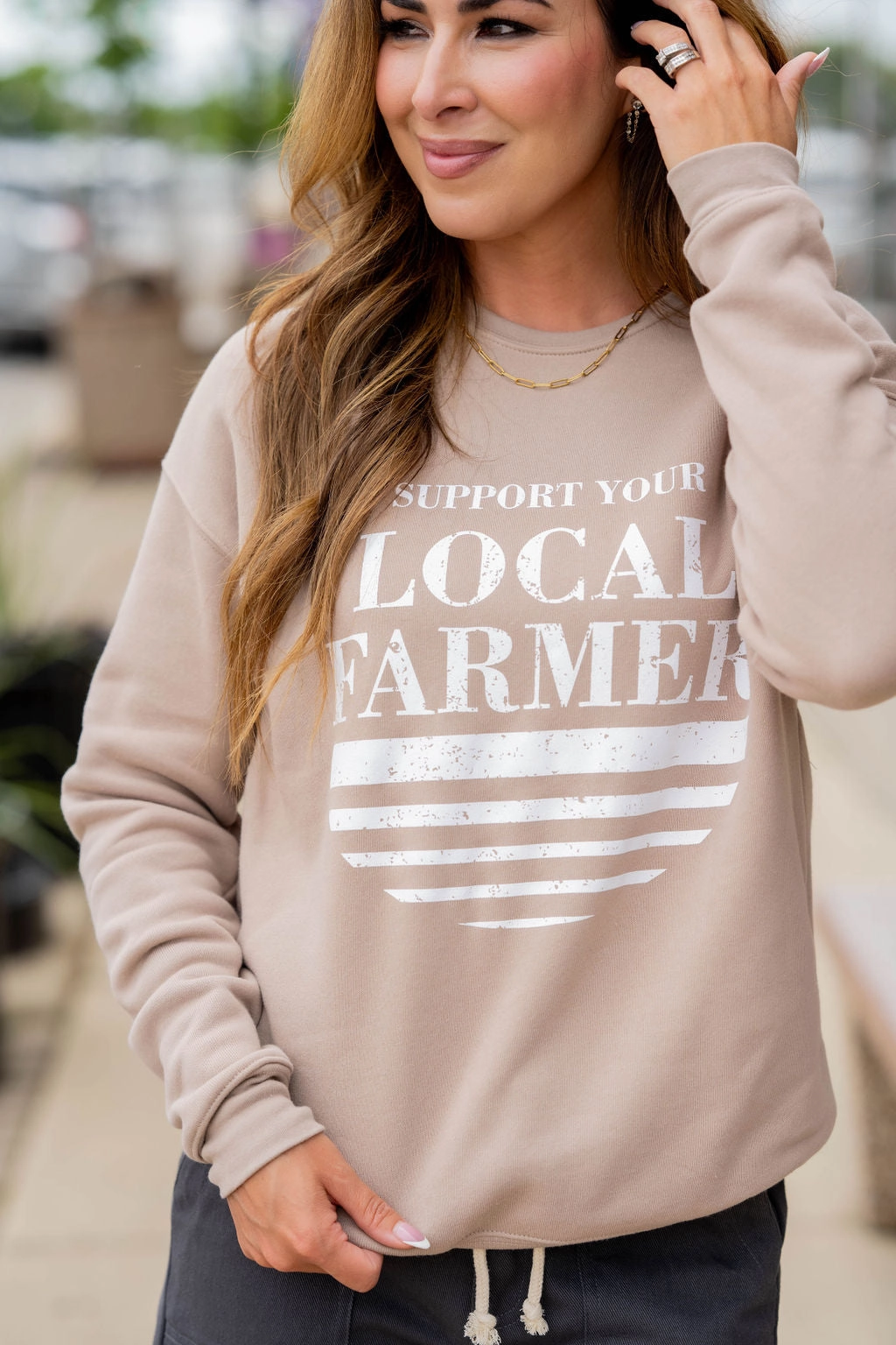 fringe accents Logo Emblem Support Your Local Farmer Underlined Graphic Crewneck