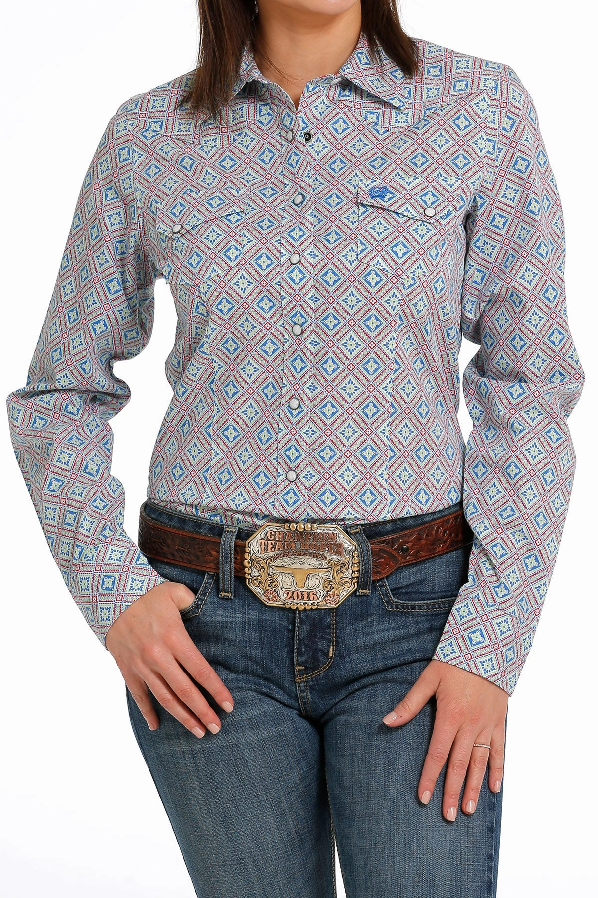 Cinch Women??s Red, Green & Blue Geo Print Shirt Quick Dry Performance