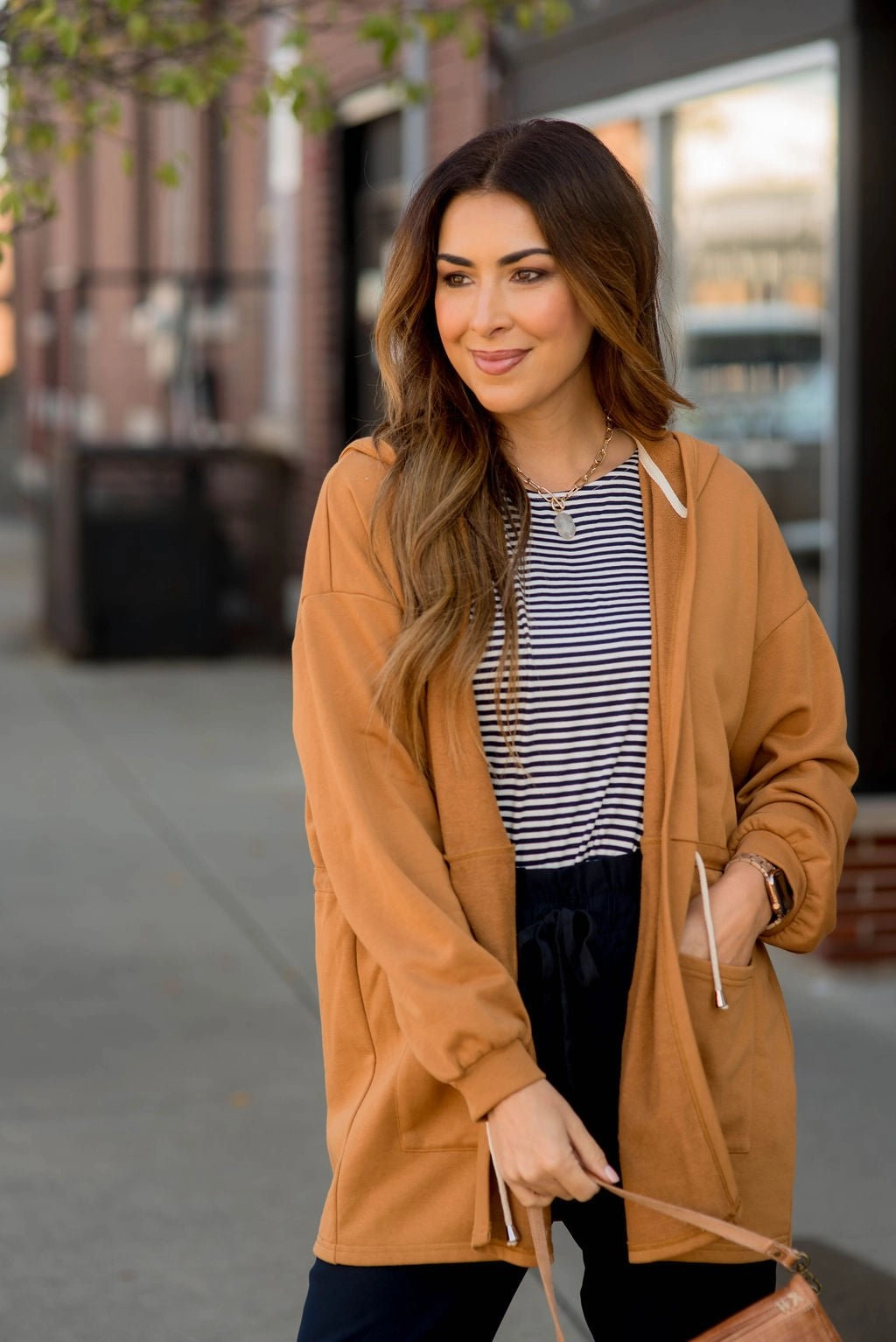 Sweatshirt Hooded Open Tie Jacket Adjustable Hemline Soft Shell Material