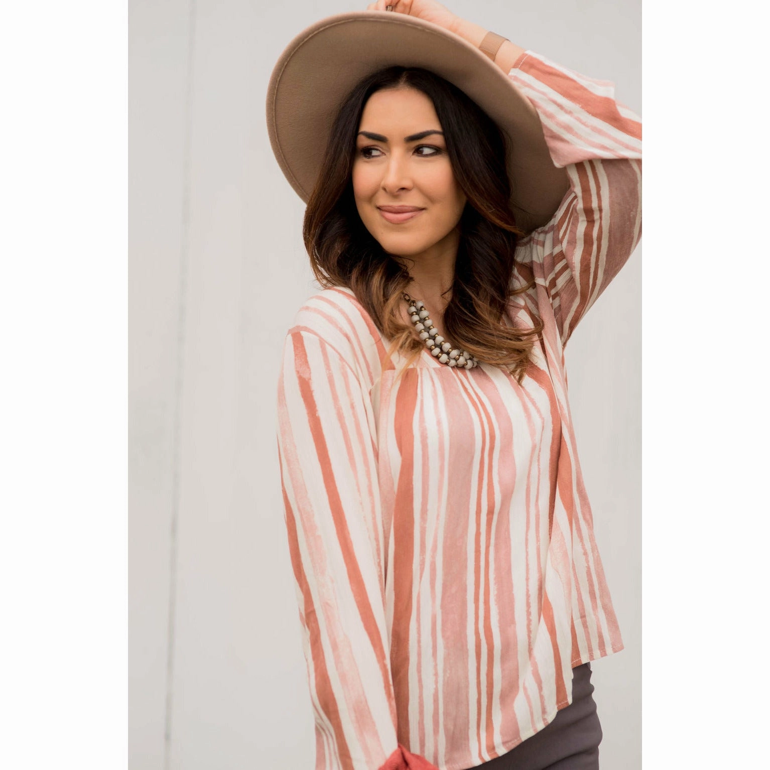Long Sleeve Shirt Elegant Blouse Striped Brush Stroke V Neck Blouse - Salmon