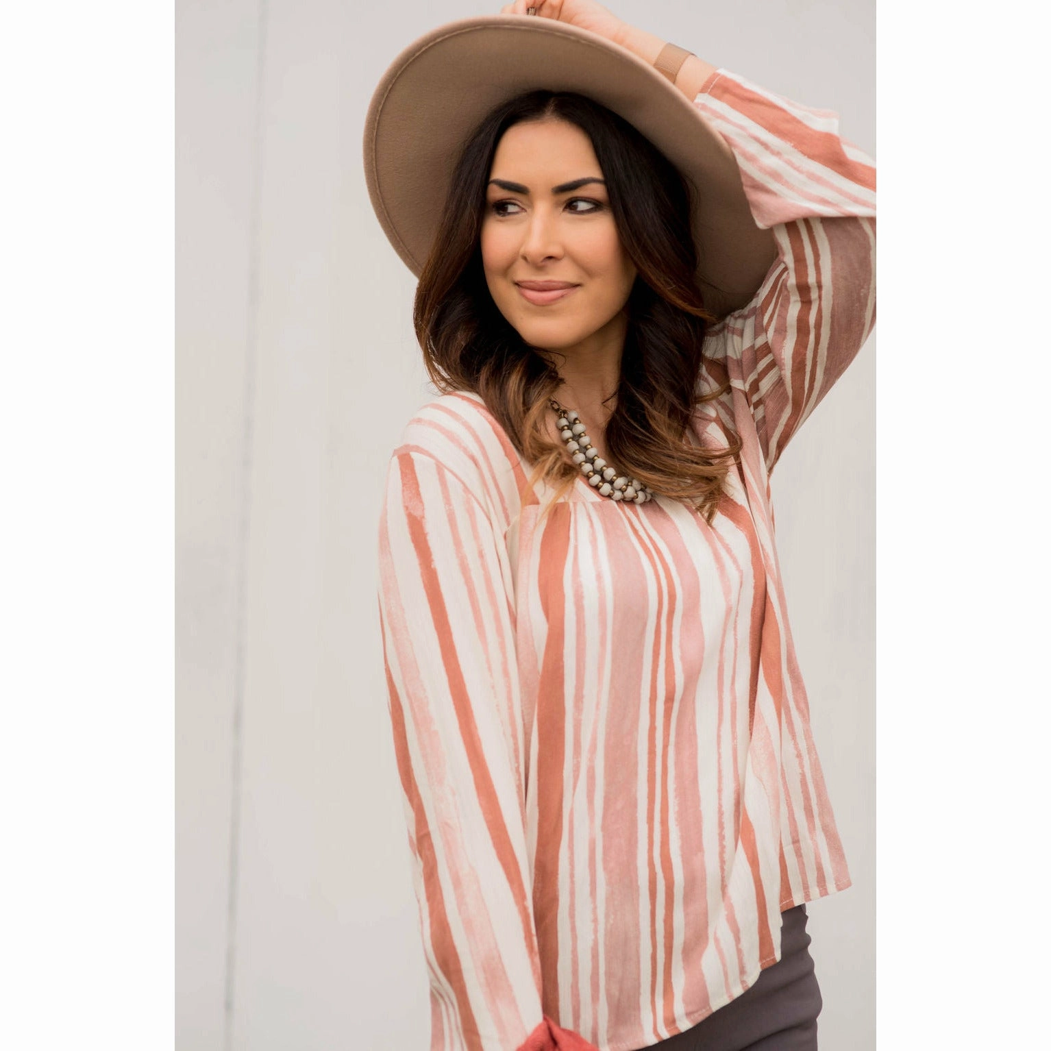 Ribbed Collar Style HypoallergenicConstruction Striped Brush Stroke V Neck Blouse - Salmon