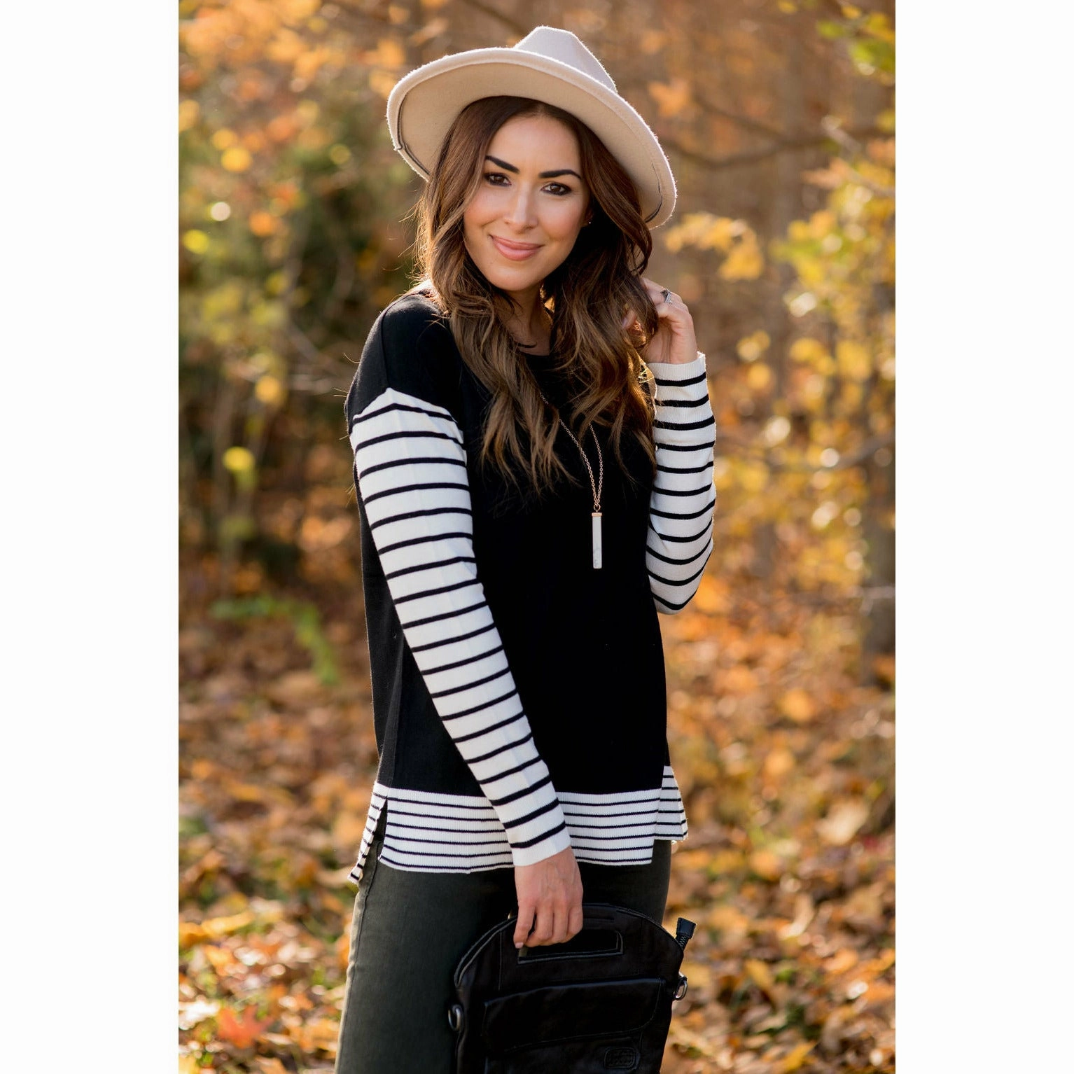 Ribbed Striped Sleeve Faux Layered Tee Comfortable Style