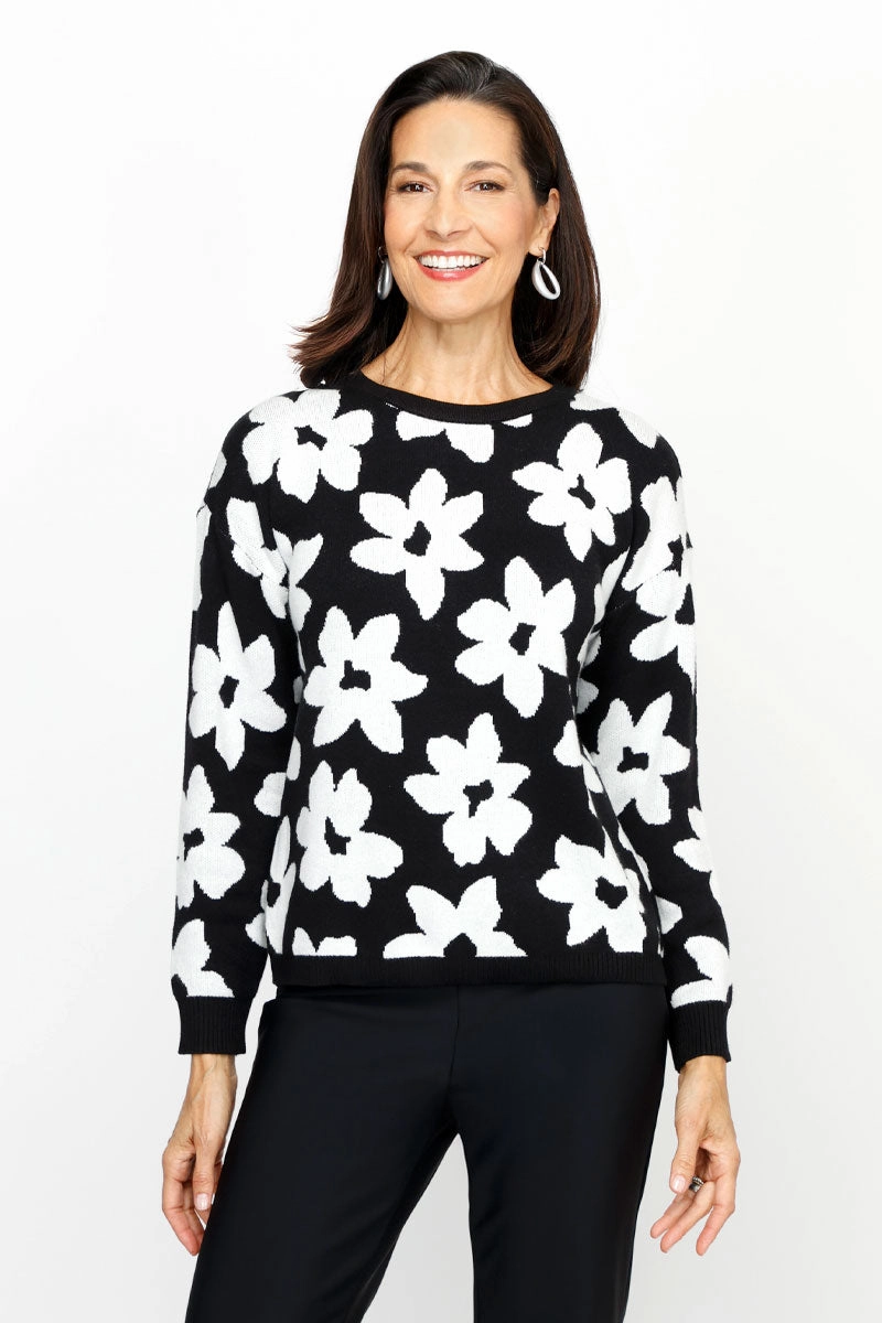Allergen Free Processing Warm Knit Design Ten Oh 8 Flower Stamped Crew Sweater