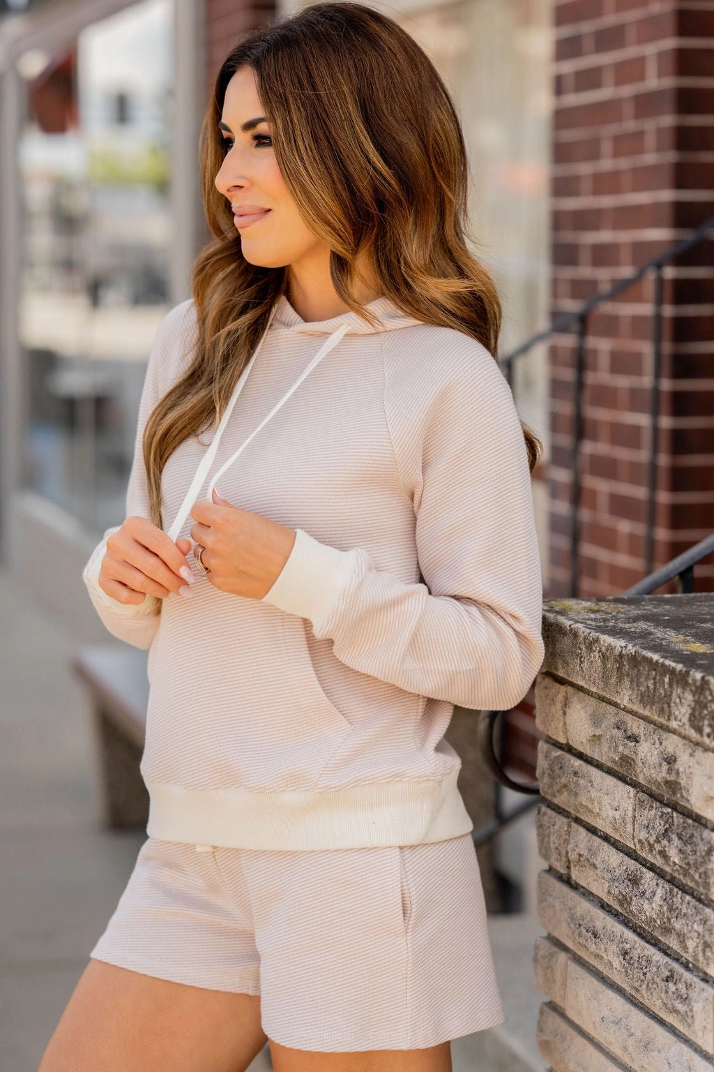 Textured Drawstring Hoodie hat accents