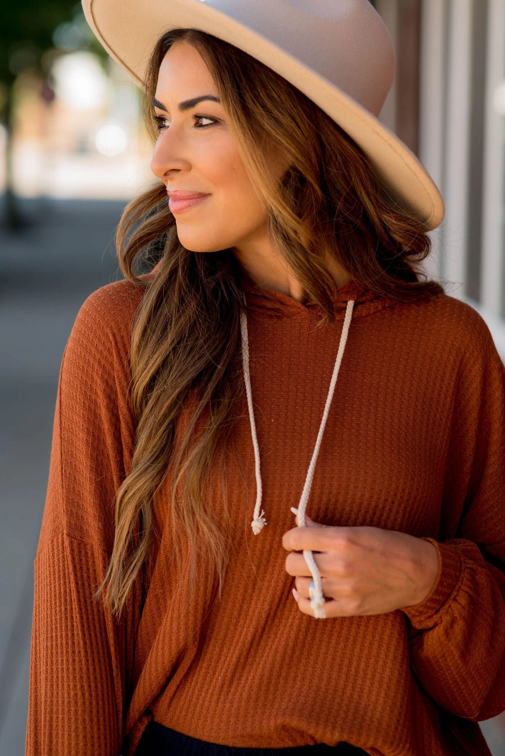 Checkered Brunch Outfit Thermal Balloon Sleeved Drawstring Hoodie