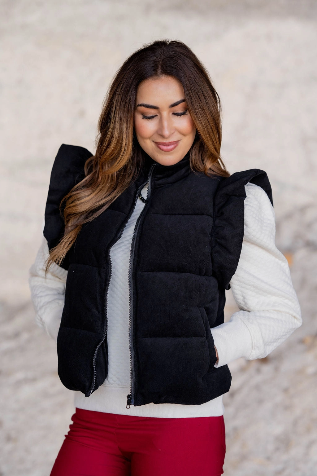 Flutter Trim Puffer Vest Moisture Wicking Fabric