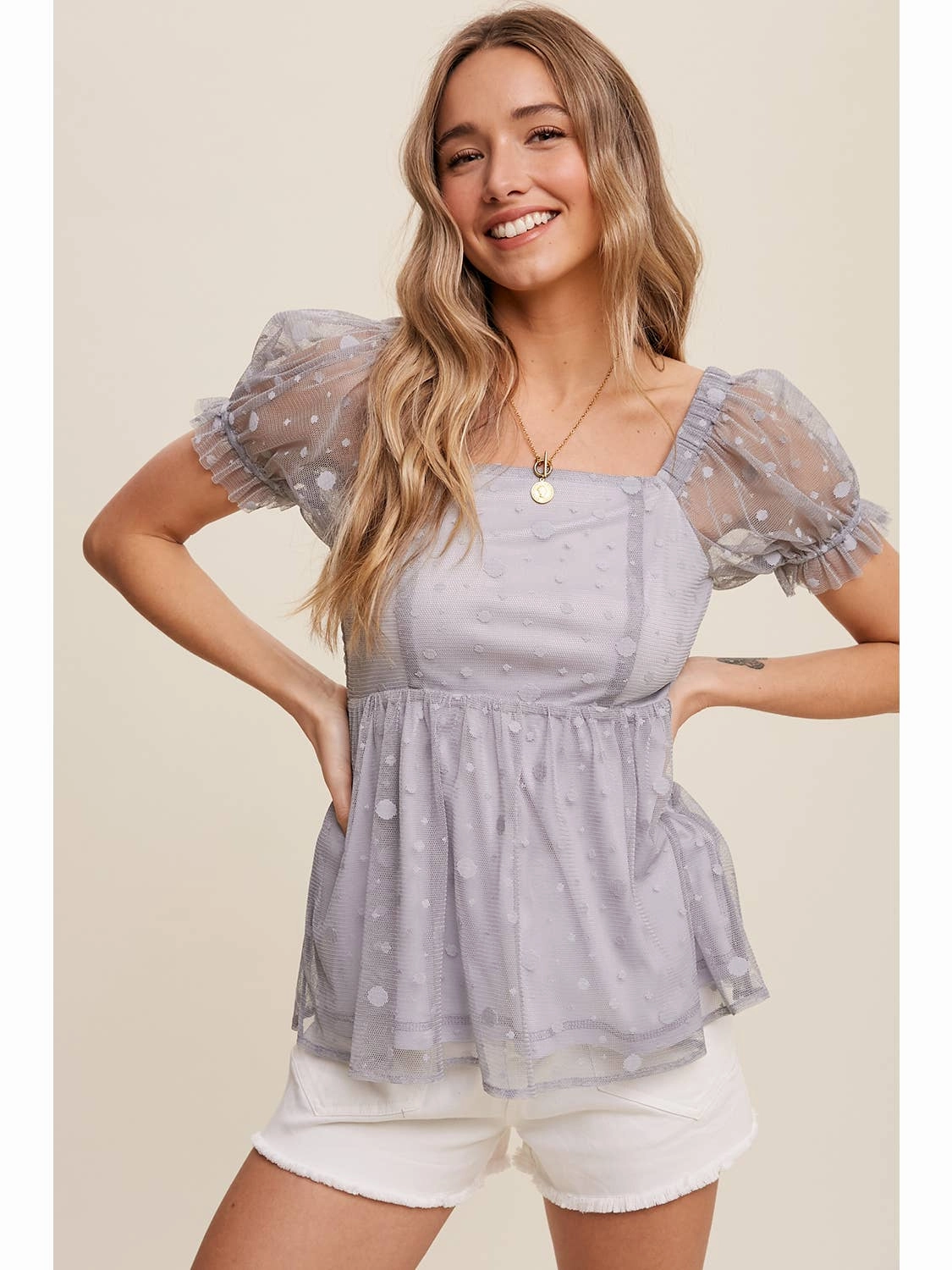 Soft Cotton Blend Tapered Cut Polka Dot Mesh Puff Sleeve Baby Doll Blouse-Dusty Blue