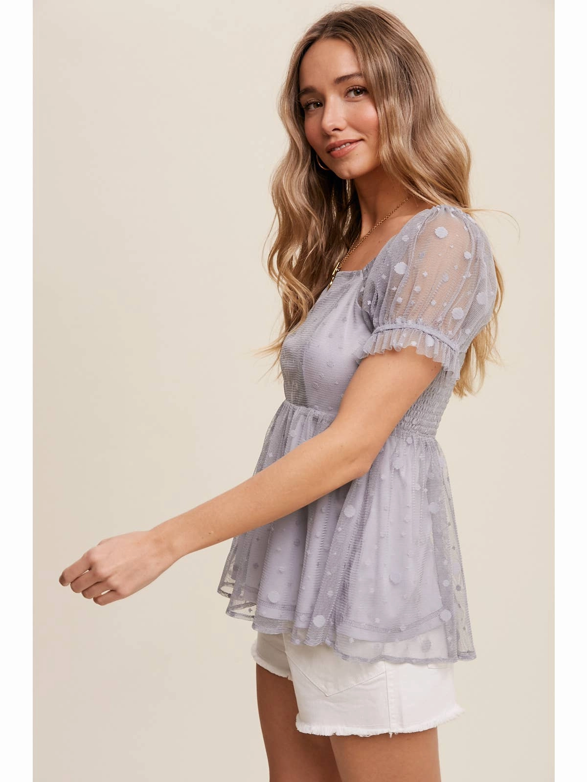 Knit Fabric Technology Polka Dot Mesh Puff Sleeve Baby Doll Blouse-Dusty Blue