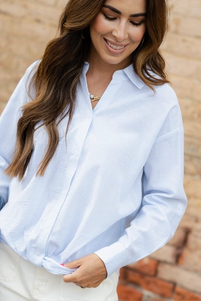 Striped Twist Bottom Button Up Blouse Reflective Trim FourWay Stretch Fabric