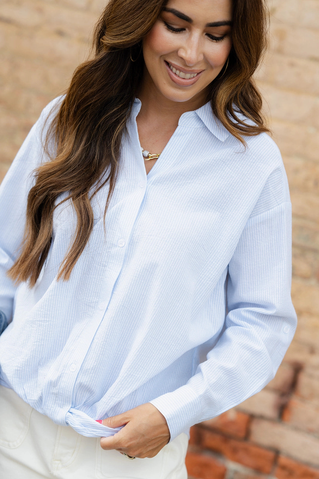 Striped Twist Bottom Button Up Blouse SecurePockets