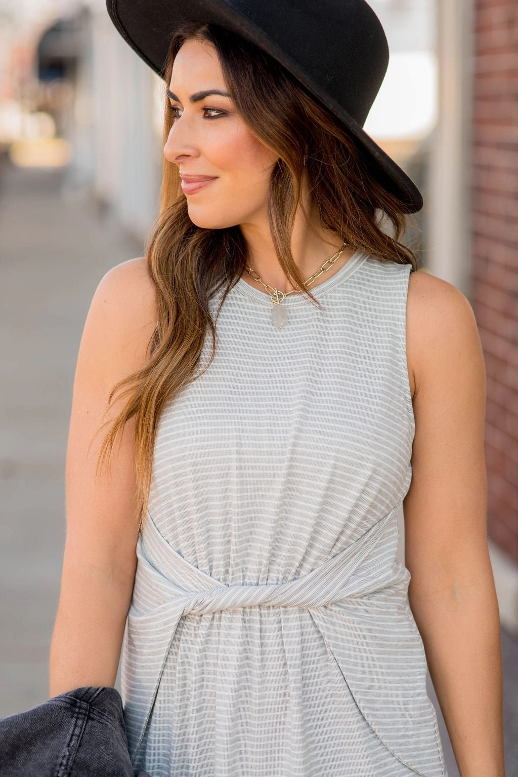 Cinched-Waist Thin Striped Twisted Tank Dress