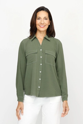 Top Ligne Airflow Contrast Stitch Button Down Linen blend Work Appropriate