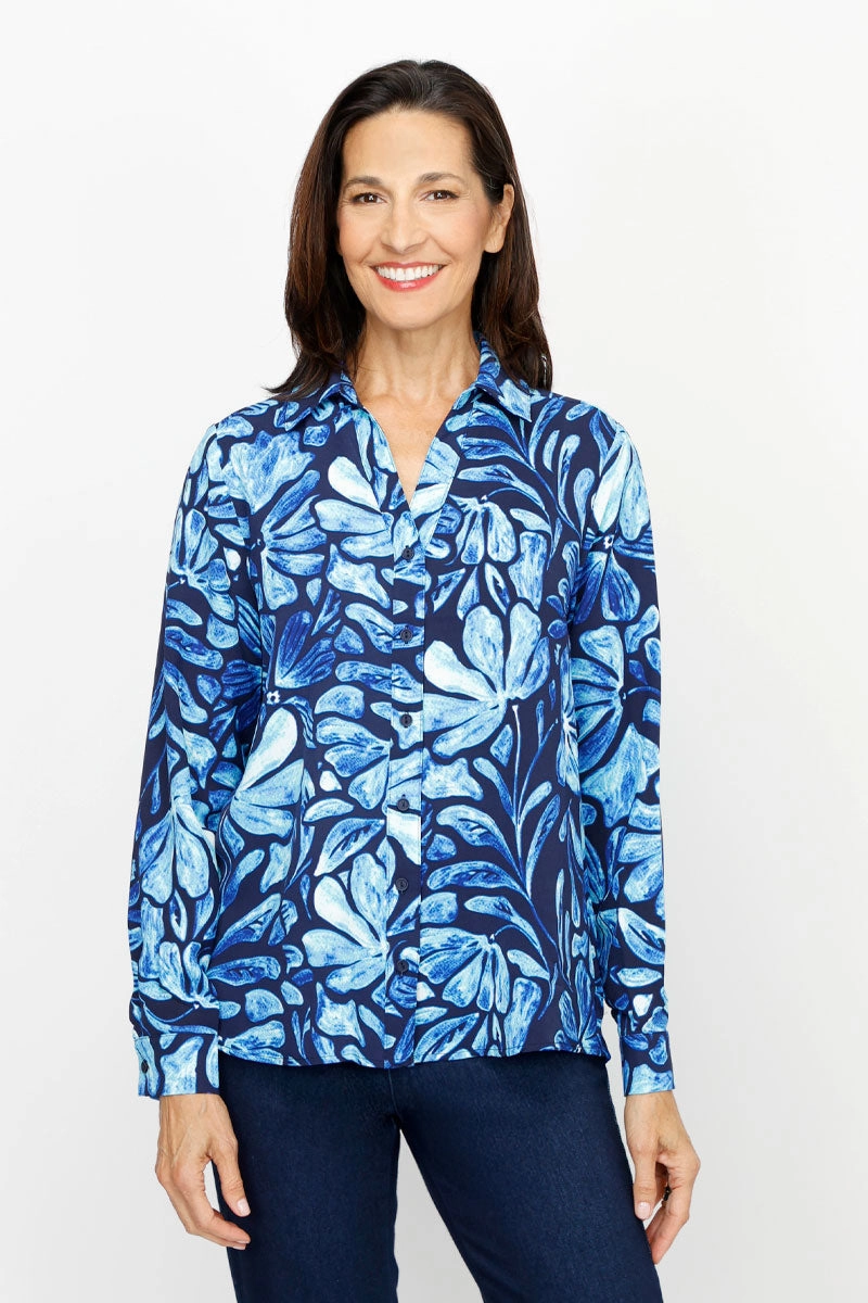 Top Ligne Floral Button Down Blouse Adjustable Cuffs