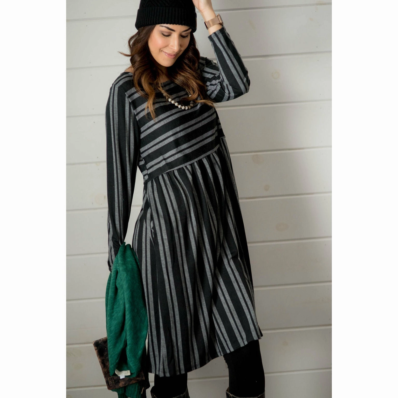 Double Mixed Stripe Dress - Black Coral Soft
