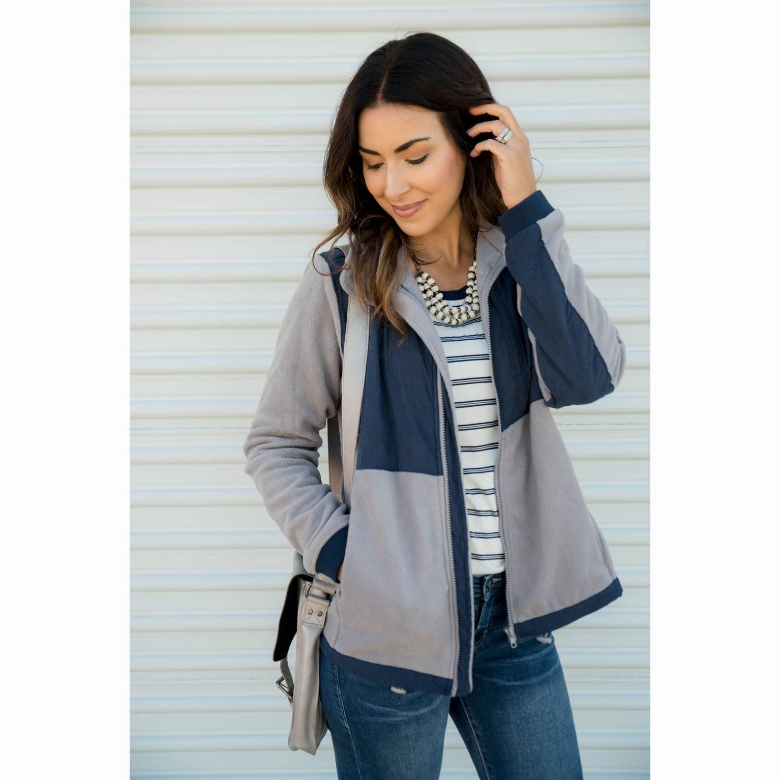 Two Toned Fleece Jacket Bonded Hemline MagneticClosure