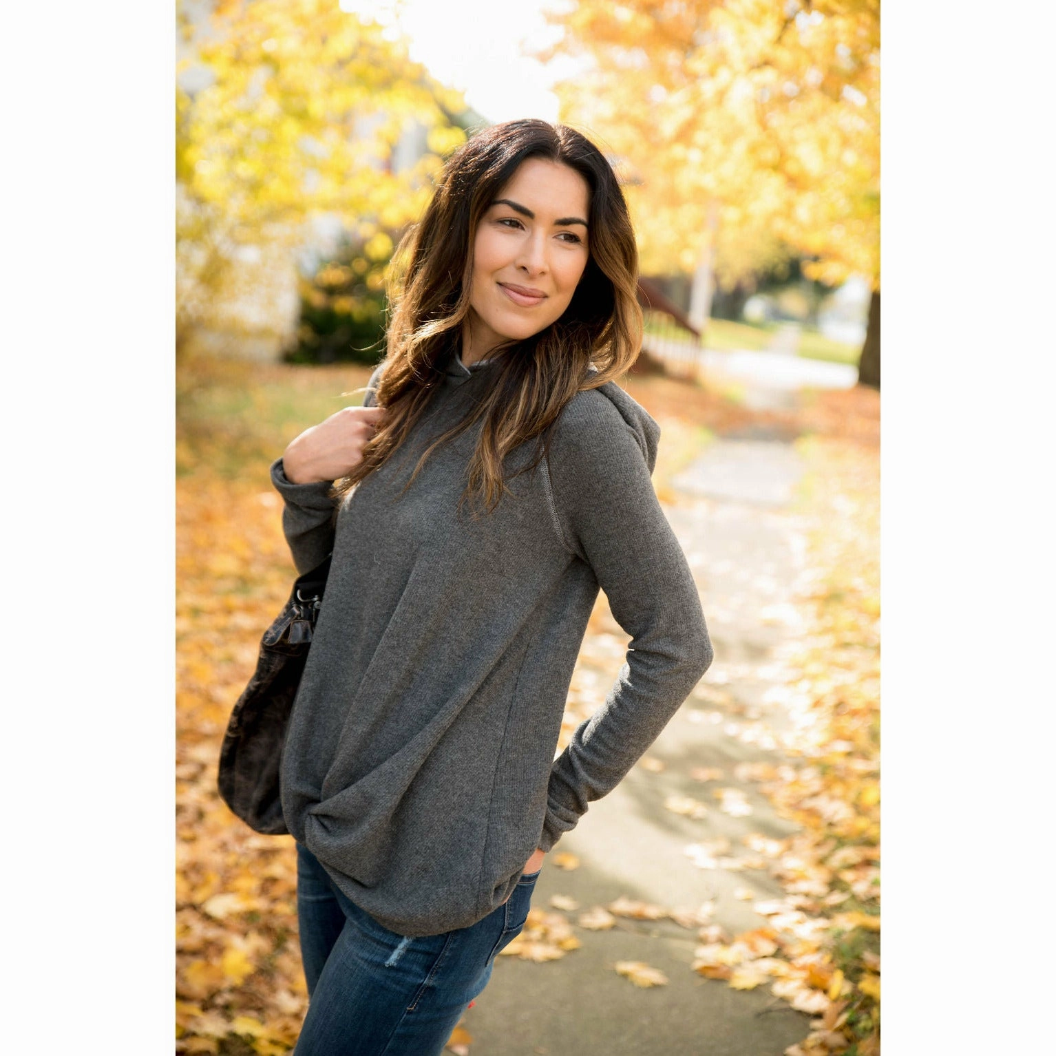 Two-Toned Knotted Front Hoodie Houndstooth