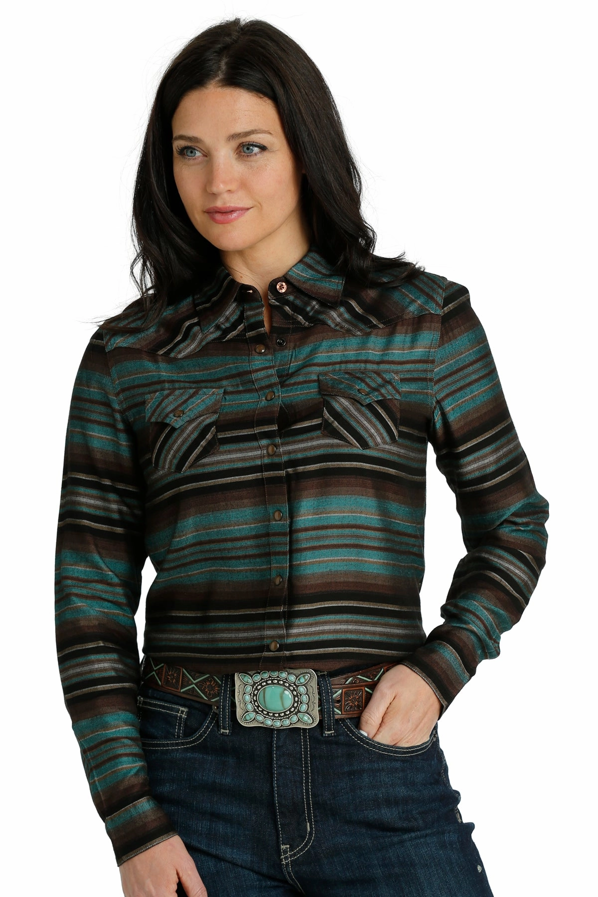 Cinch Women's Turquoise & Brown Print Shirt Quick Release Fastener