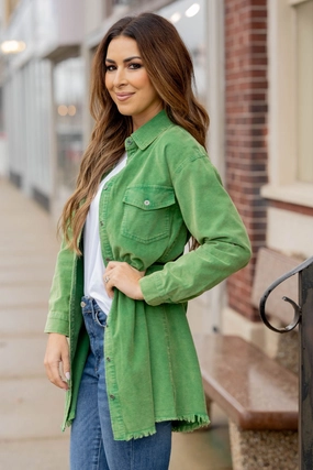 Frayed Bottom Corded Tunic Shacket Weatherproof Technology Snap Button