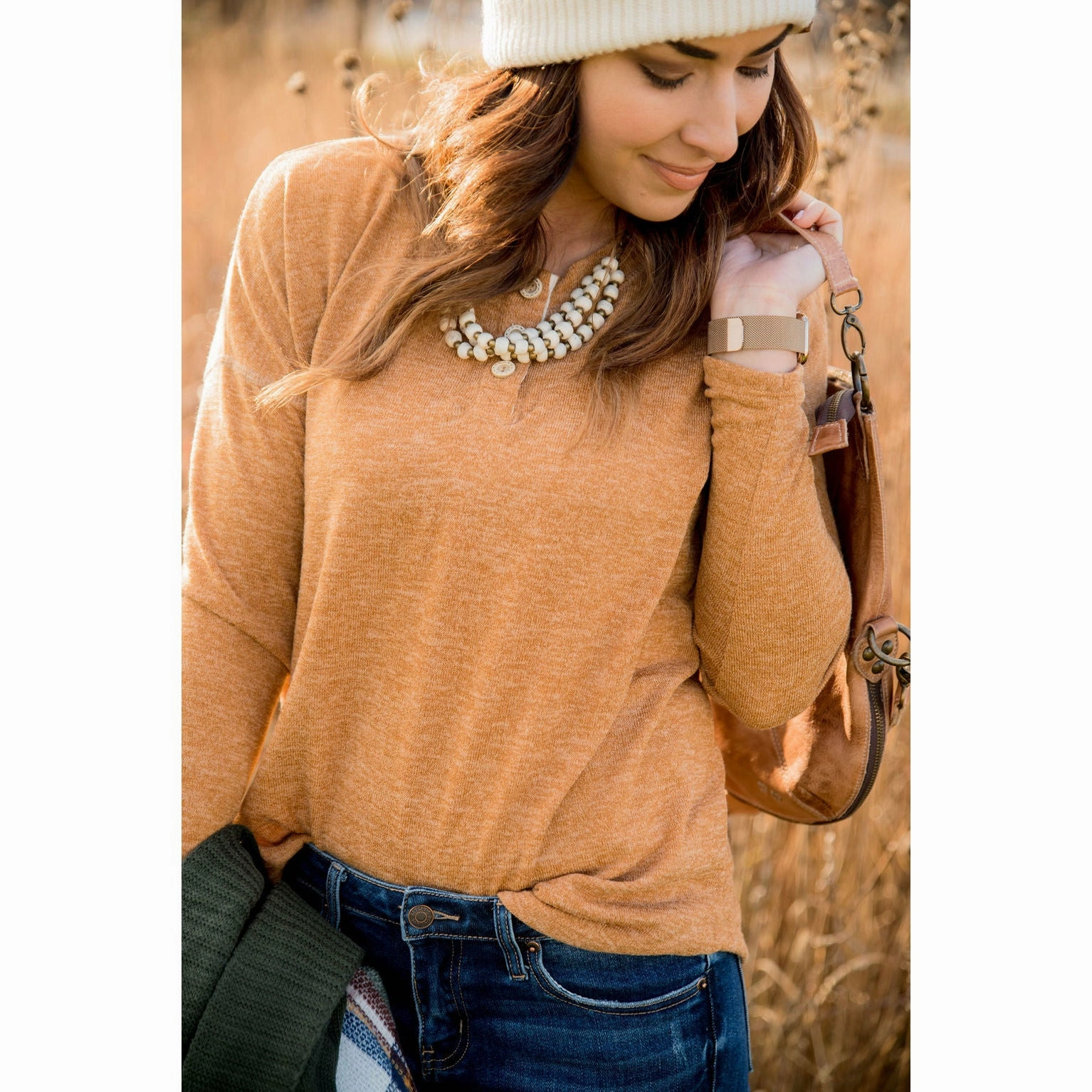 Satin Lining Triple Button Long Sleeve Tee