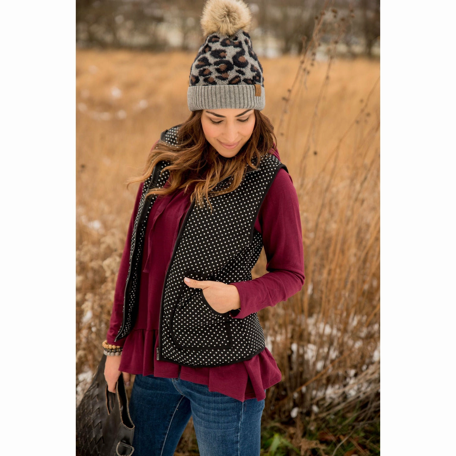 Functional Pockets Style RubberizedButtonClosures Solid Outlined Polka Dot Vest