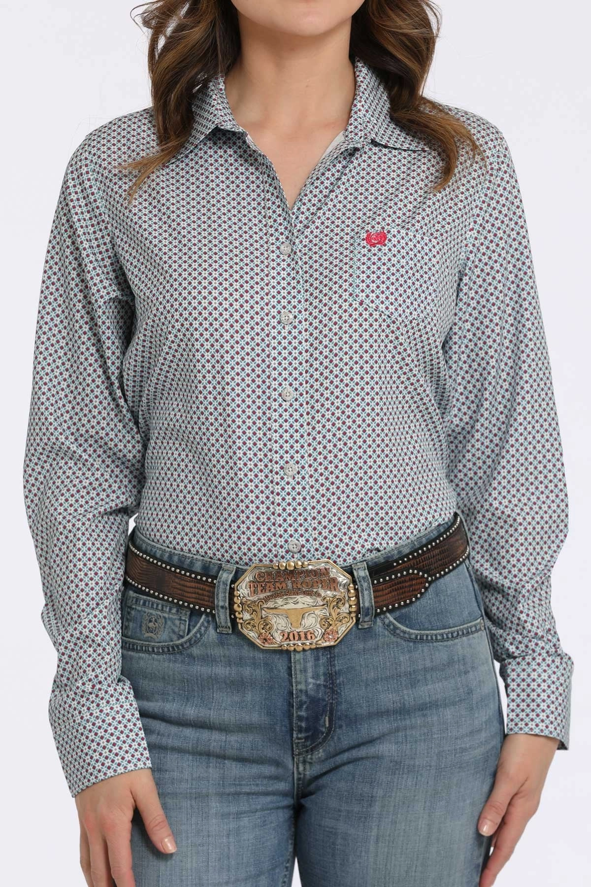 Cinch Women's Gray Arenaflex Medallion Print Shirt Weighted Hem Design Durable Interlock Stitch