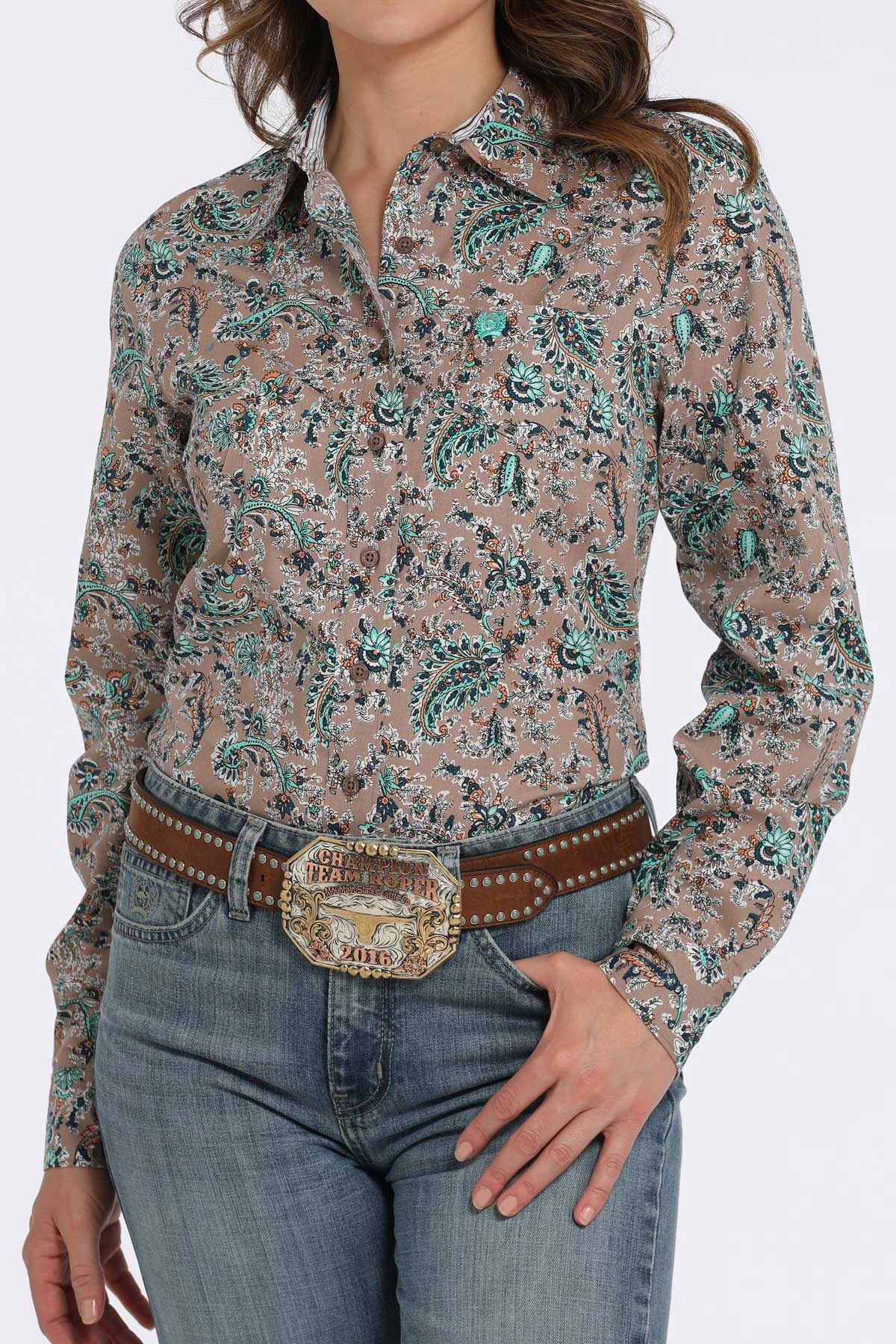 Cinch Women??s Multi Color Floral Print Shirt Neutral Tone Palette Abrasion Resistant Fabric