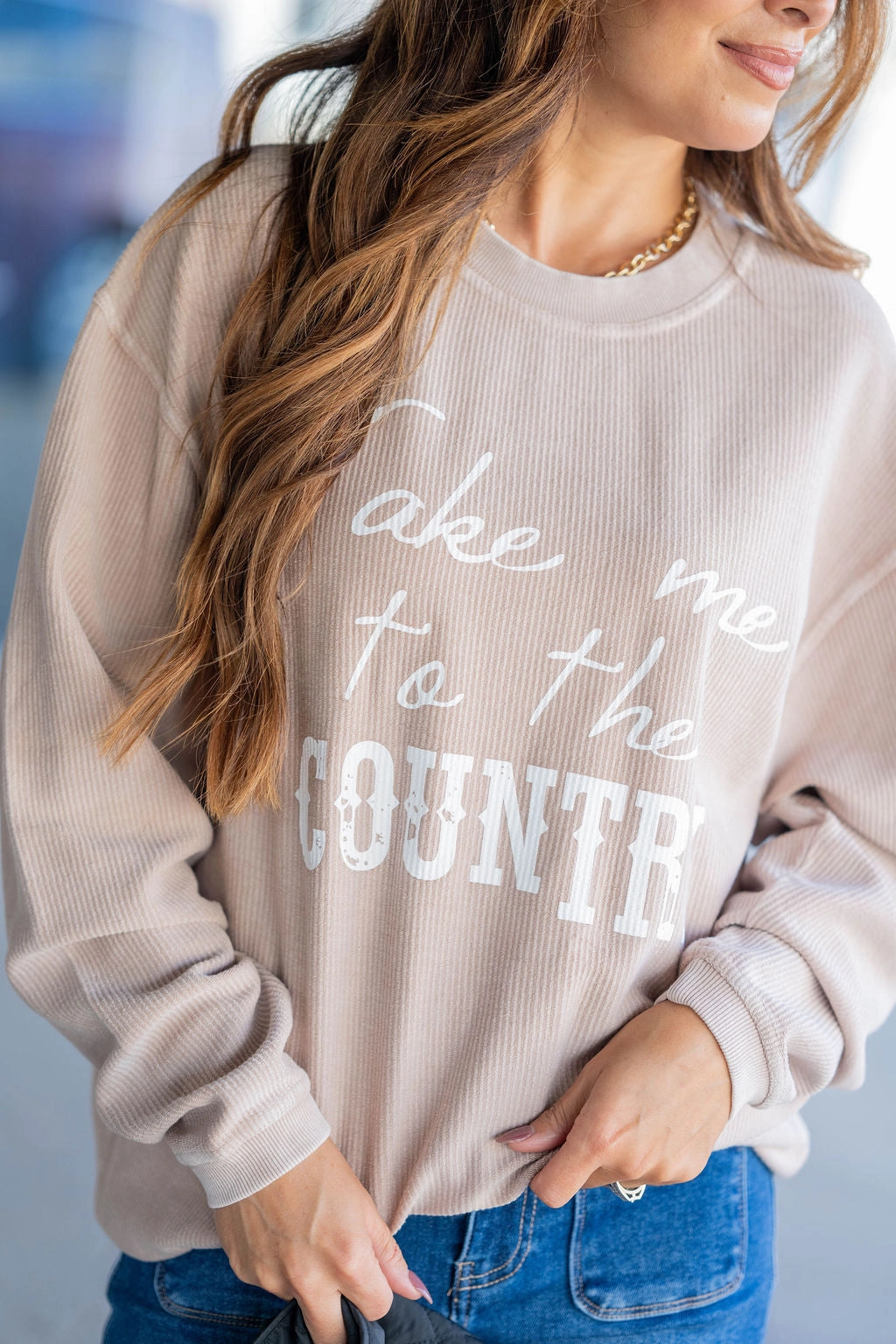 Take Me To The Country Ribbed Graphic Crewneck Weekend Active Plaid Design