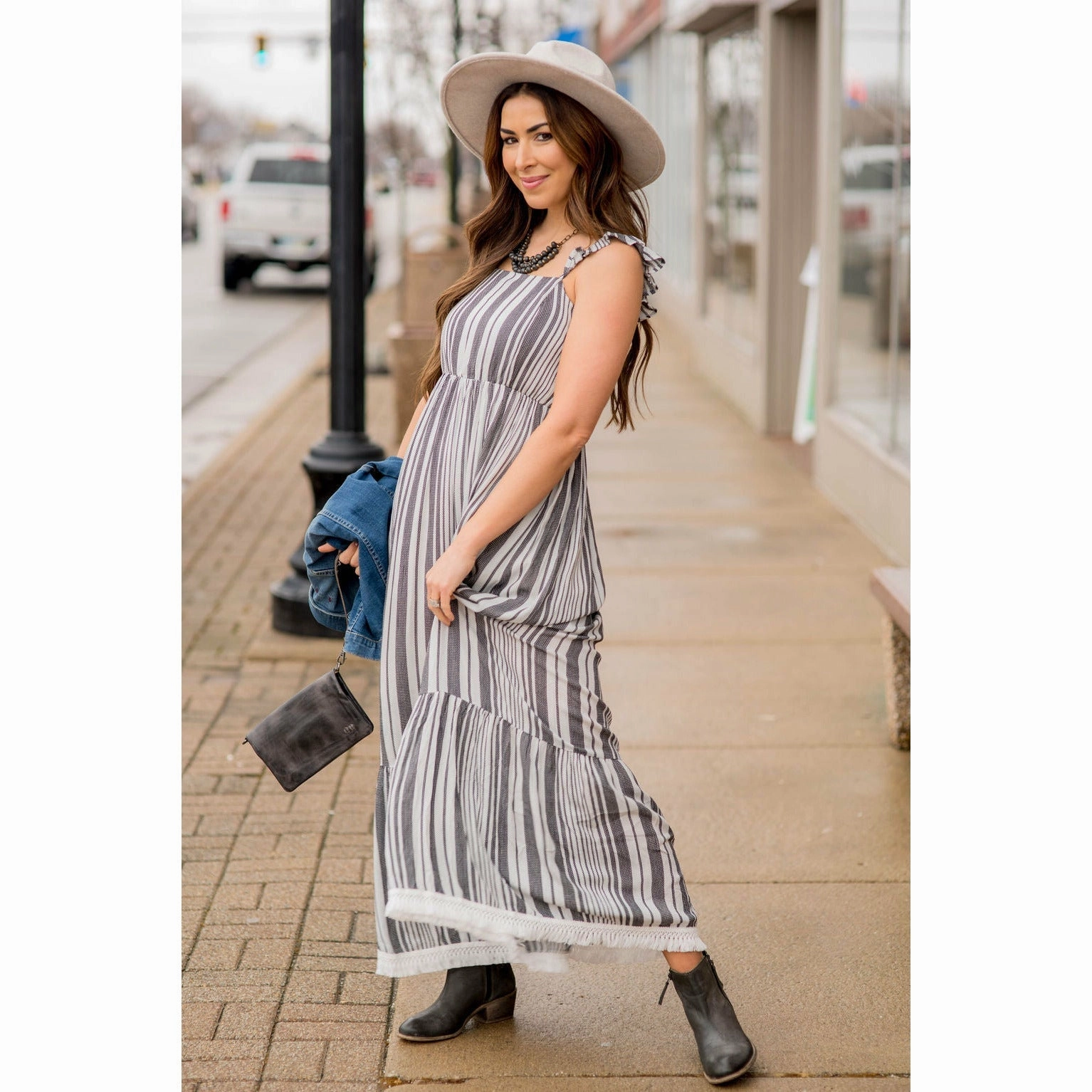 Dreamy Motion Workwear Comfort Stripe Fringe Bottom Maxi Dress