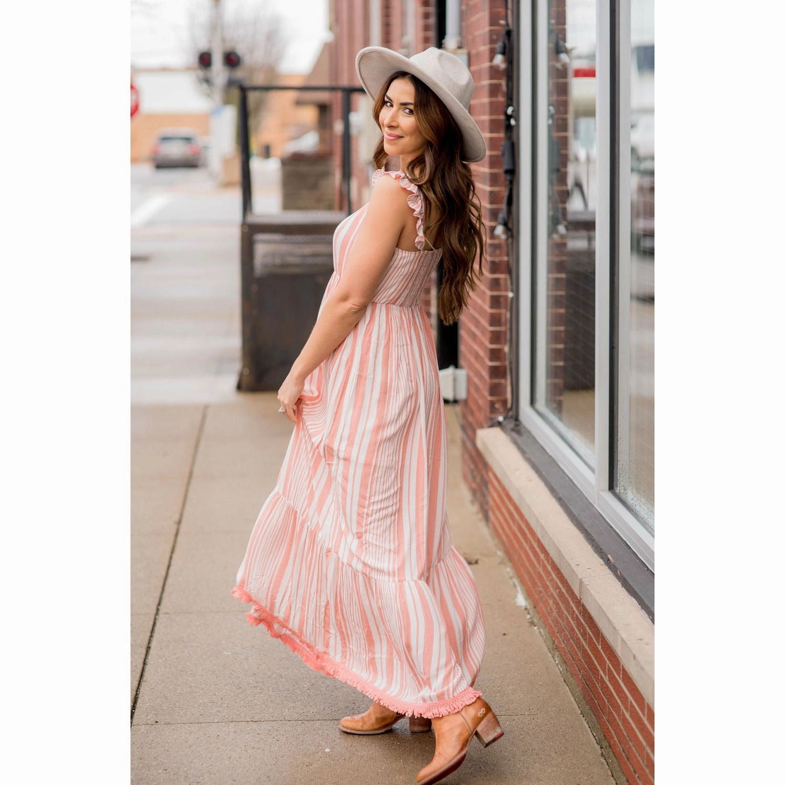 Layered Movement Stripe Fringe Bottom Maxi Dress