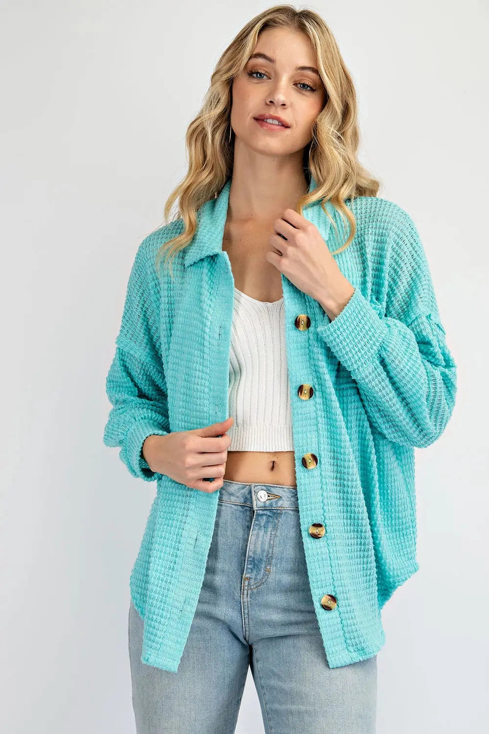 Non Irritating Label Waffle Placket Button Down Knit Top - Bright Blue