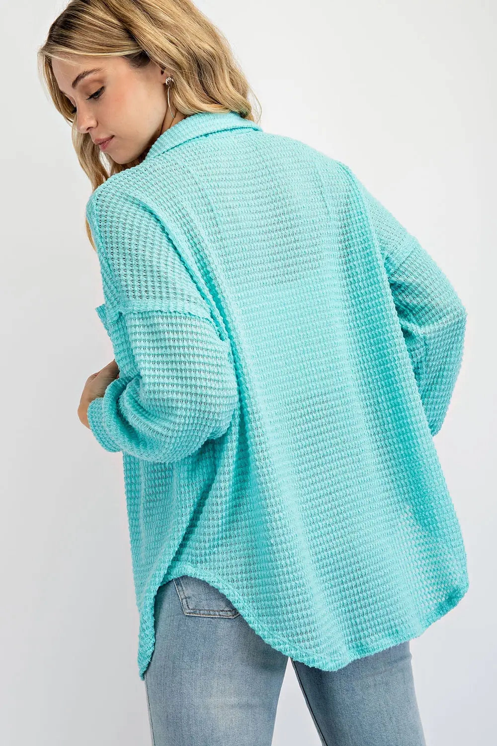Waffle Placket Button Down Knit Top - Bright Blue BreathableMeshInsert