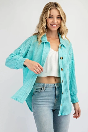 Waffle Placket Button Down Knit Top - Bright Blue Compact Jacquard Weave Eco Dye Process