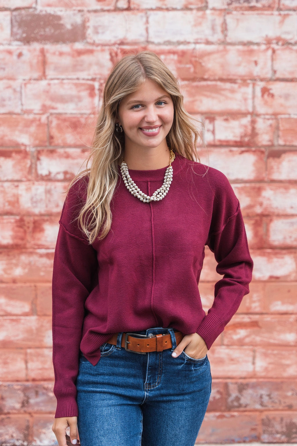 Drop Shoulder Cut Mid Seam Ribbed Trim Sweater