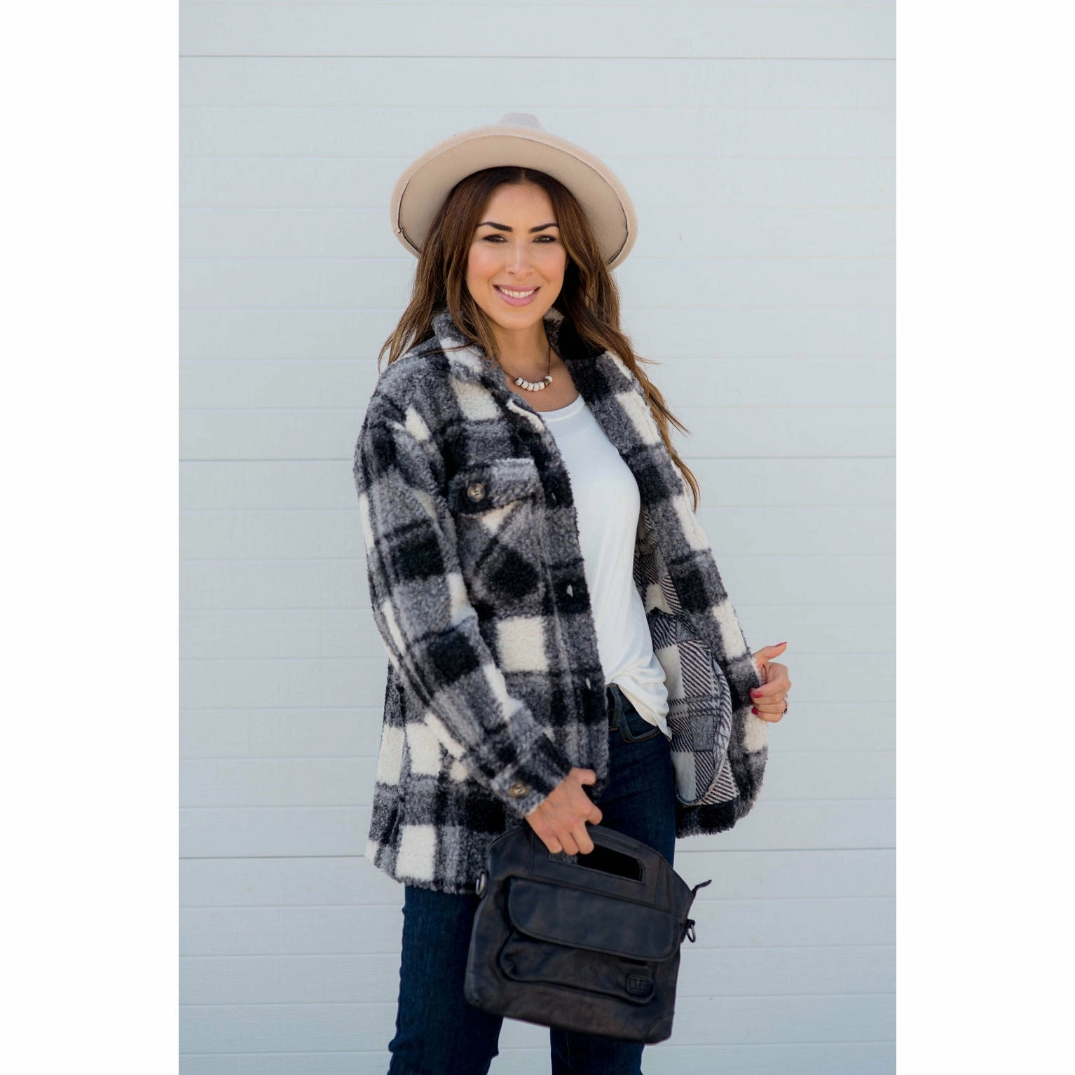 Windproof Closure Fuzzy Plaid Jacket