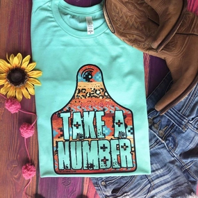 Elegant and Relaxed Layered Neckline Western Cattle Tag "Take A Number" Tee - Mint