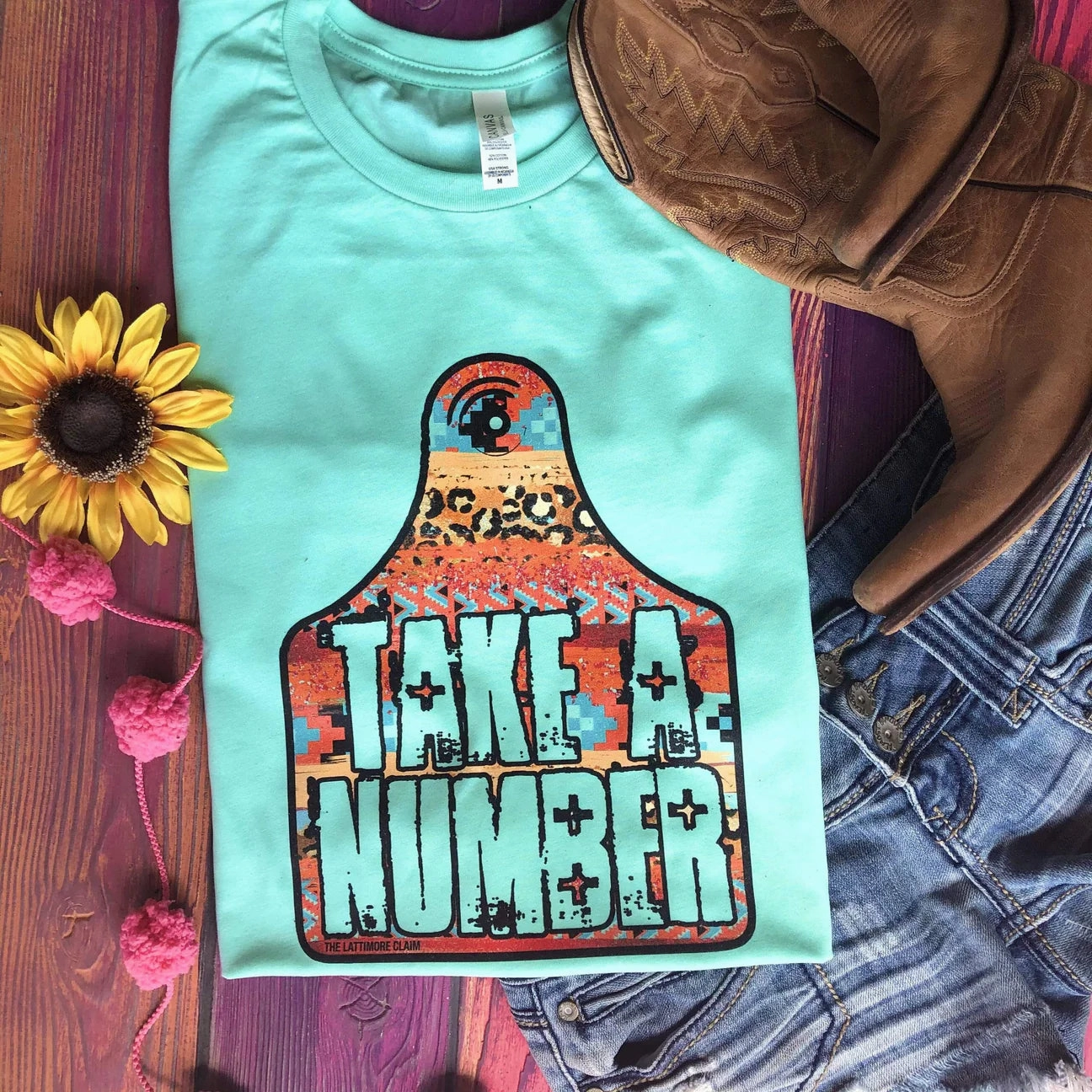 Elegant and Relaxed Layered Neckline Western Cattle Tag "Take A Number" Tee - Mint