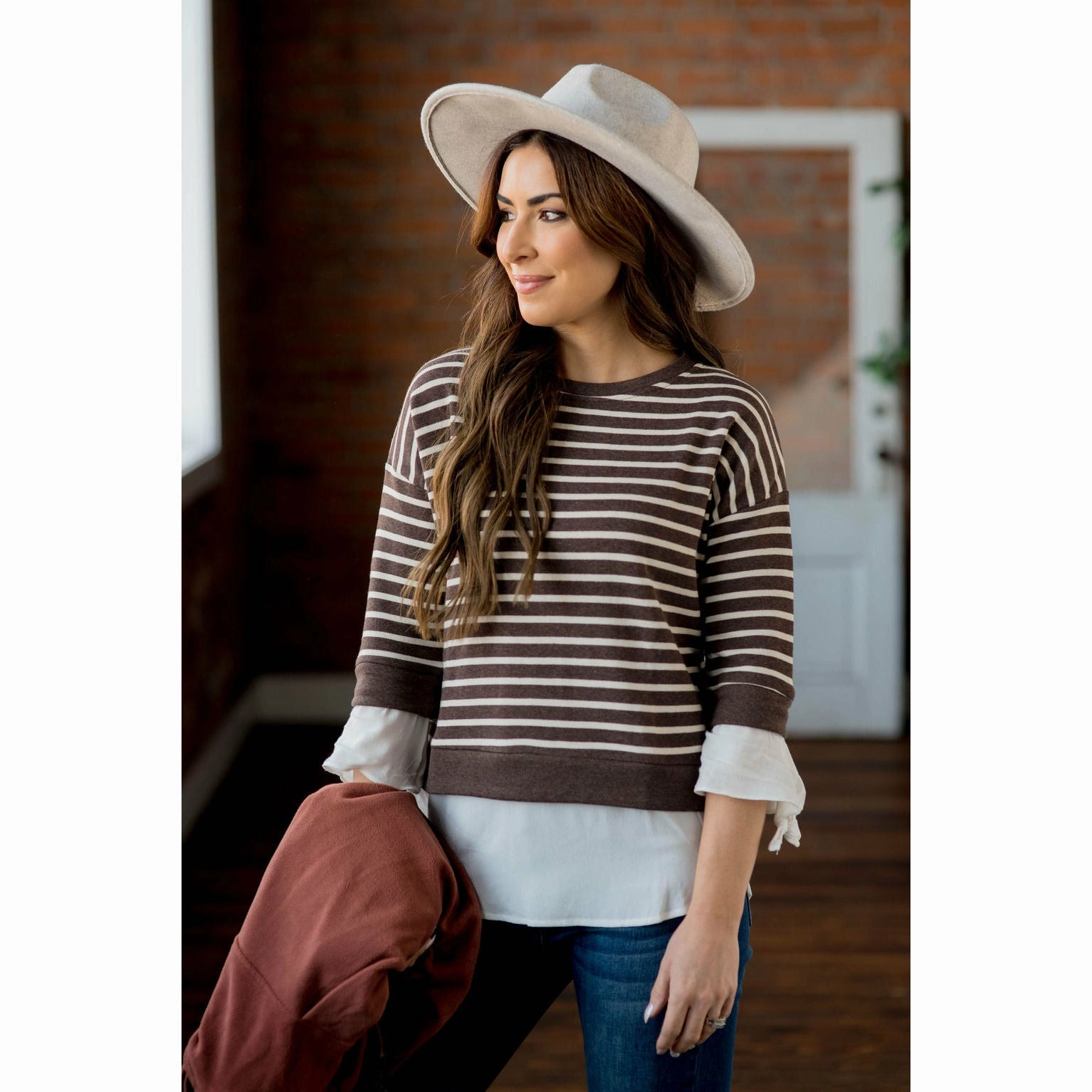 group wear Leather White Striped Blouse Bottom Sweatshirt
