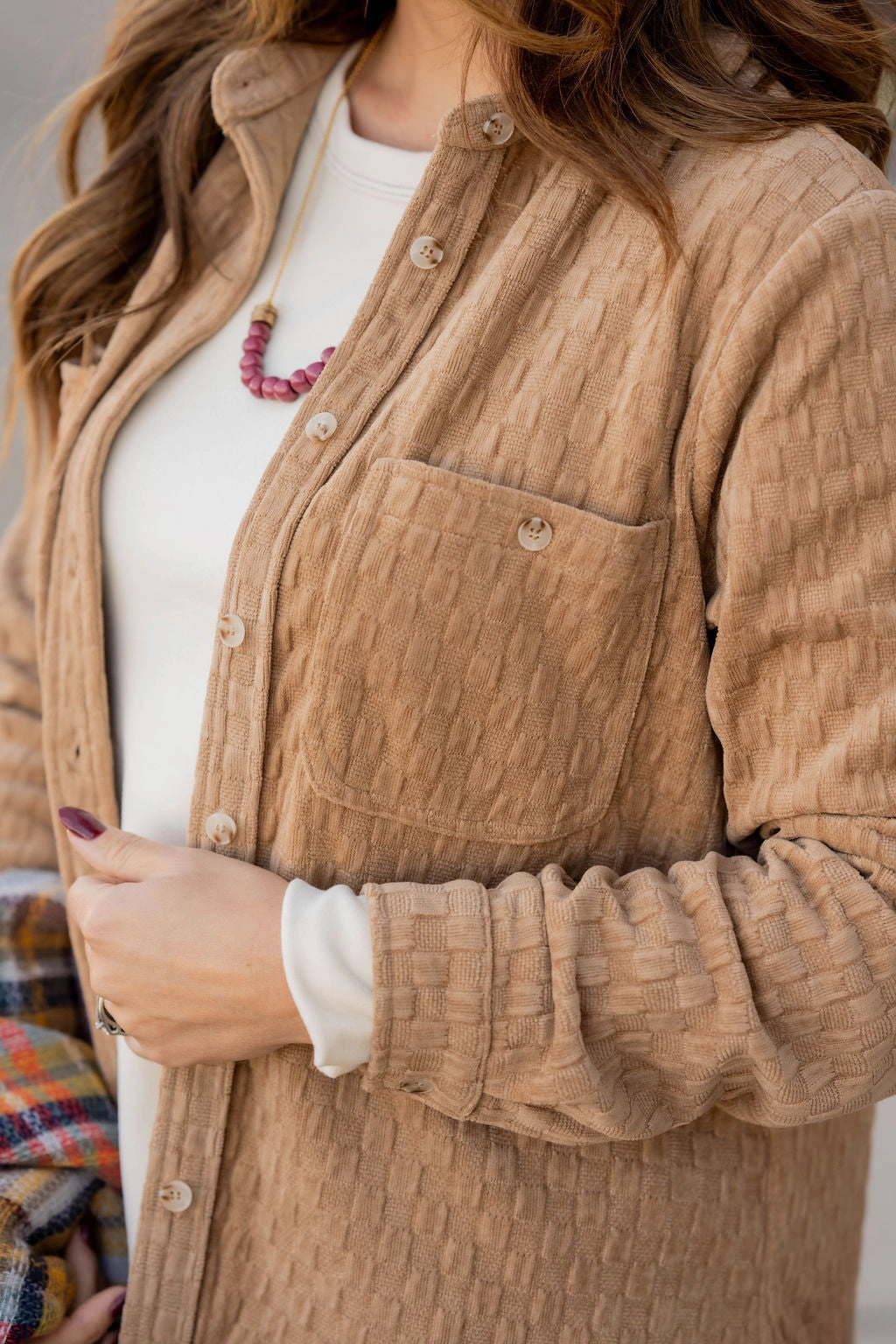 Subtle Checkered Shacket Lightweight Warmth Core Hypoallergenic Lining