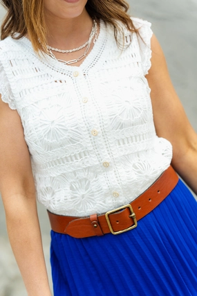 Crocheted Eyelet Trim Button Down Tank Trendy Design Sleek Layers