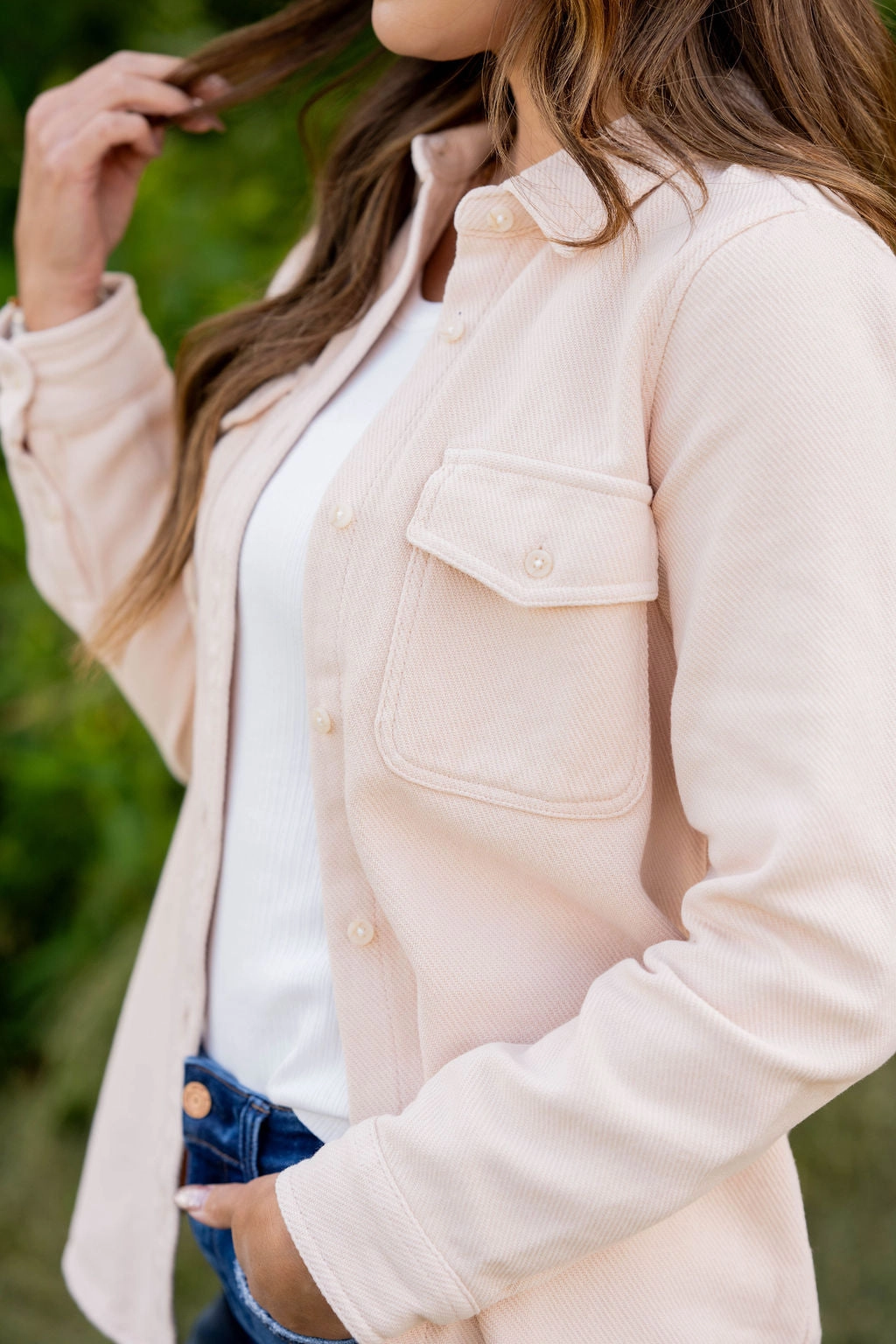 Woven Textured Two Pocket Shacket Eco Friendly Coating