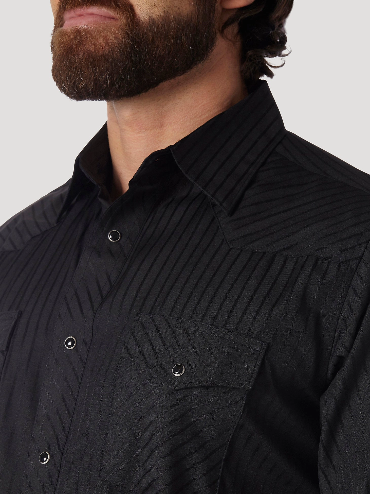 Sustainable Weave Corporate Wear Wrangler Men's Dobby Stripe Snap Shirt- Black