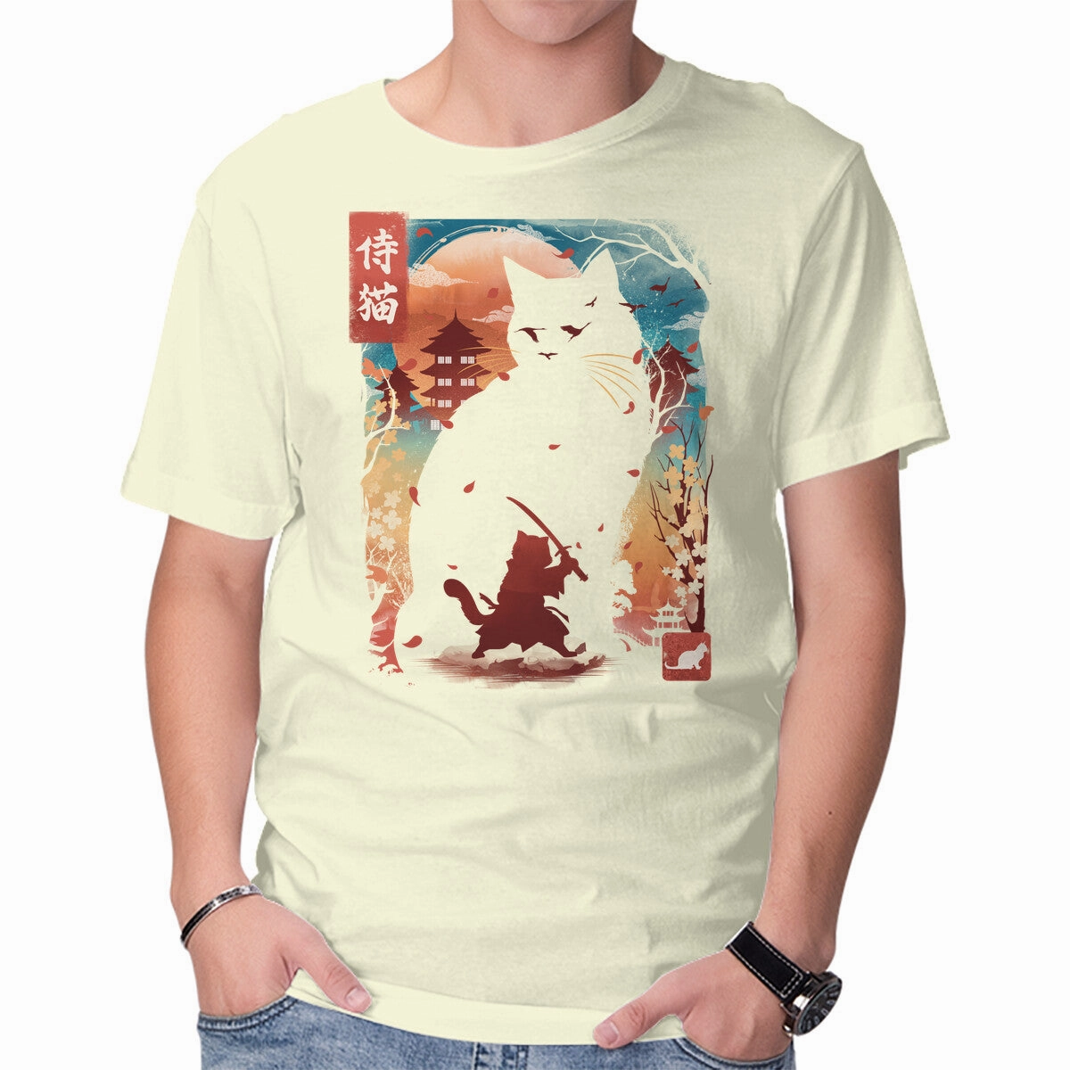 StretchFabric Chill Design Samurai Cat Landscape