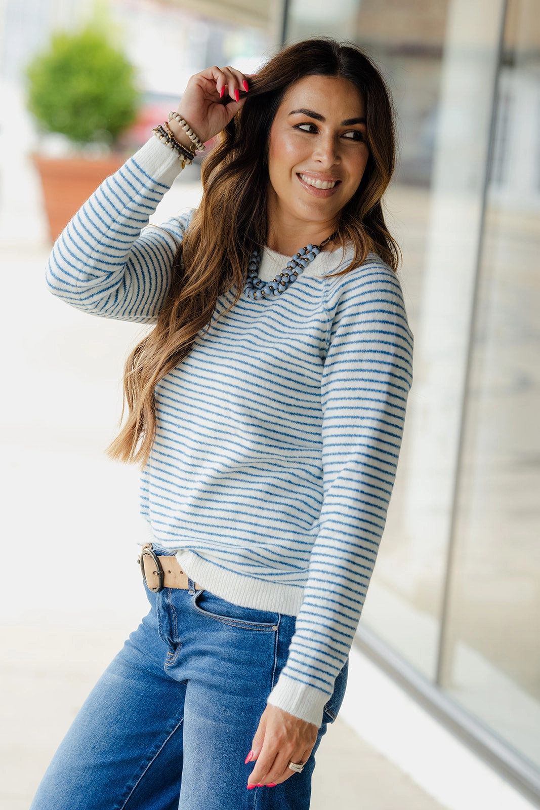 Effortless Style Zig Zag Striped Solid Trim Sweater